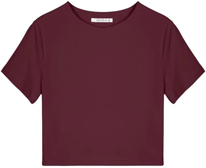 REORIA Butsmooth Women's Basic Cute Short Sleeve High Neck Double Lined Tight T Shirts Crop Tops Tees
