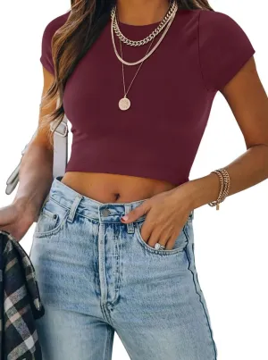 REORIA Butsmooth Women's Basic Cute Short Sleeve High Neck Double Lined Tight T Shirts Crop Tops Tees