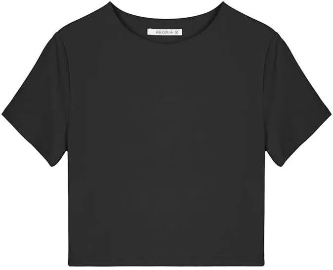 REORIA Butsmooth Women's Basic Cute Short Sleeve High Neck Double Lined Tight T Shirts Crop Tops Tees