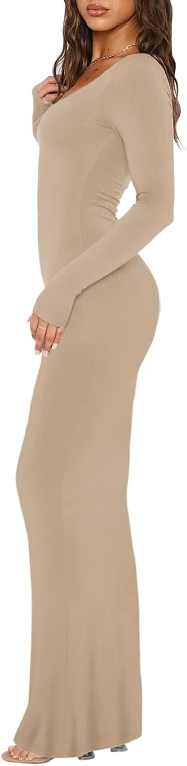 REORIA Women's Sexy Scoop Neck Long Sleeve Lounge Long Dress Ribbed Bodycon Maxi Dresses