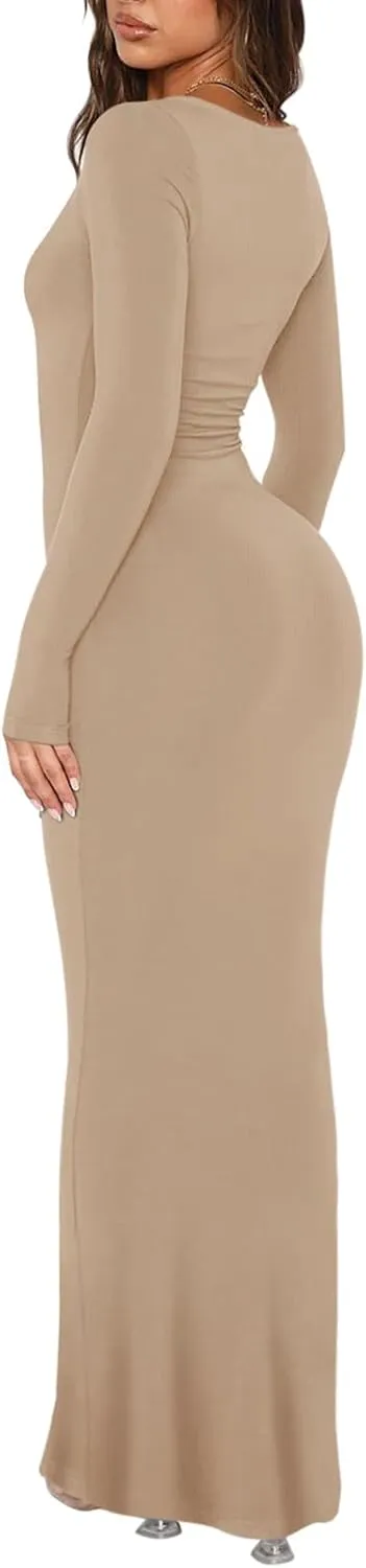 REORIA Women's Sexy Scoop Neck Long Sleeve Lounge Long Dress Ribbed Bodycon Maxi Dresses