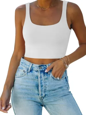REORIA Womens Sexy Square Neck Double Lined Seamless Sleeveless Cropped Tank Yoga Crop Basic Tops