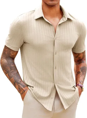 Runcati Mens Knit Button Down Shirts Short Sleeve Polo Shirt Vintage Summer Casual Beach Ribbed Textured Tops
