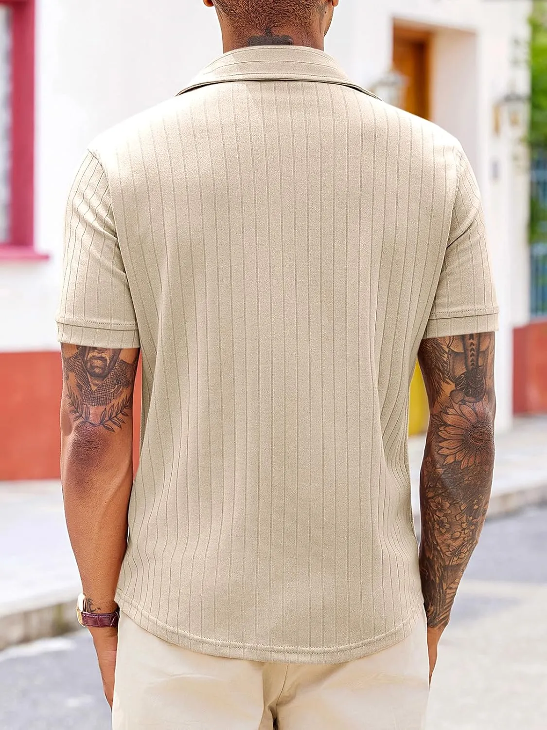 Runcati Mens Knit Button Down Shirts Short Sleeve Polo Shirt Vintage Summer Casual Beach Ribbed Textured Tops