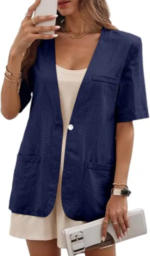 Summer Blazers for Women Lightweight 2025 Business Casual Short Sleeve Linen Blazers Open Front Work Office Jacket