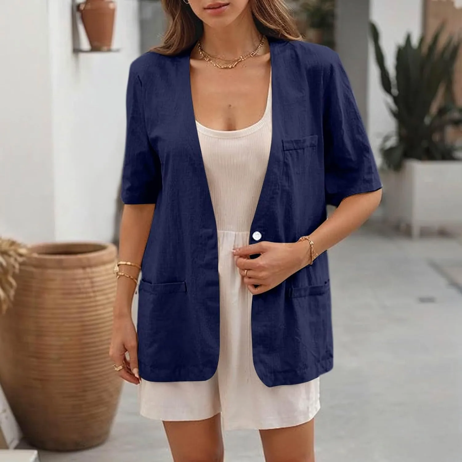 Summer Blazers for Women Lightweight 2025 Business Casual Short Sleeve Linen Blazers Open Front Work Office Jacket