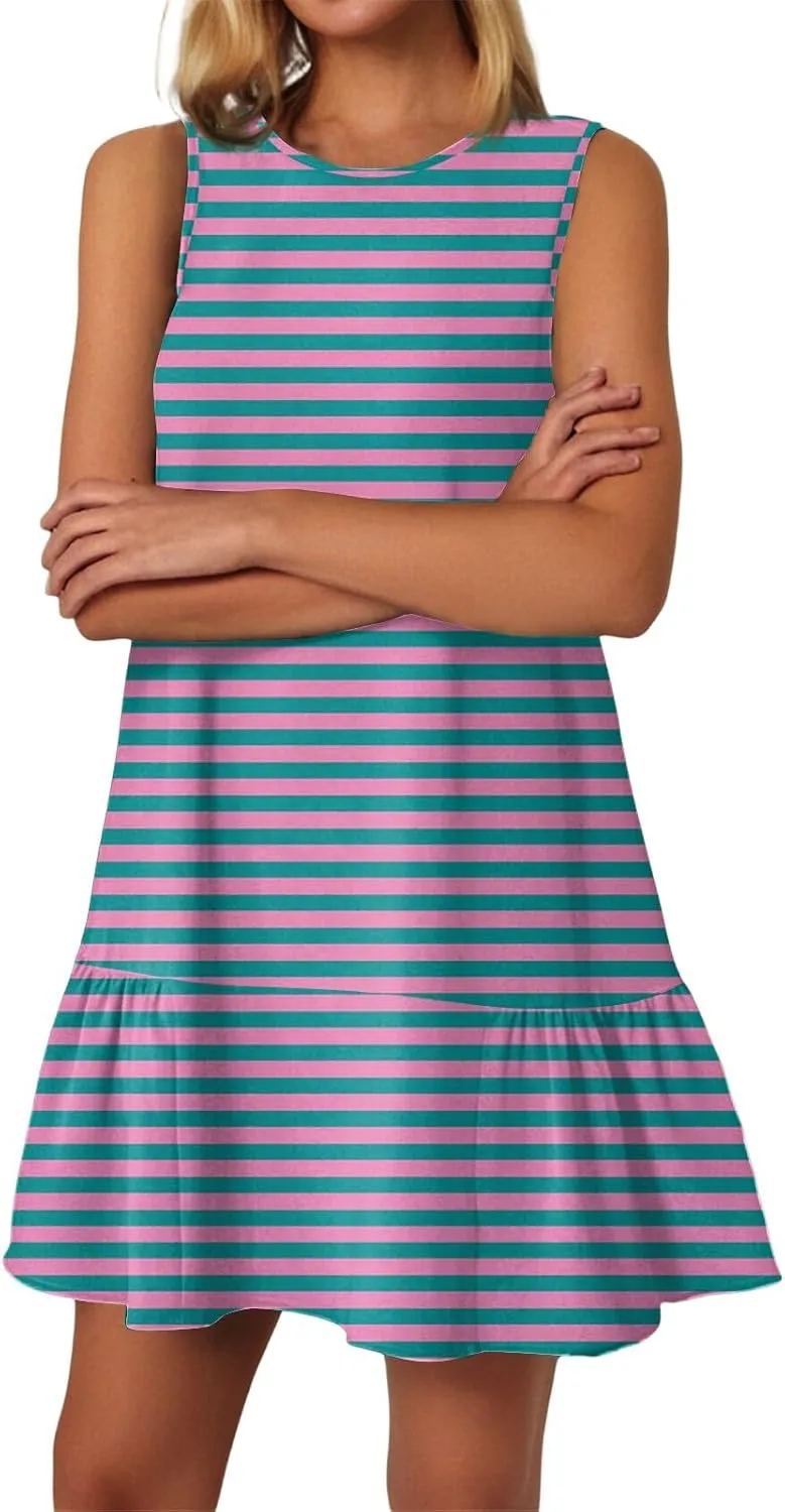 Summer Dresses for Women 2025 Beach Vacation Spring Clothes Sleeveless Round Neck Casual Sun Dress