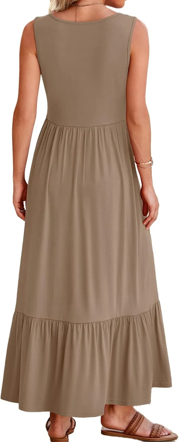 Summer Dresses for Women Sleeveless Long Beach Sundress Square Neck Casual Tiered Long Dress Loose Plain Maxi Sundress