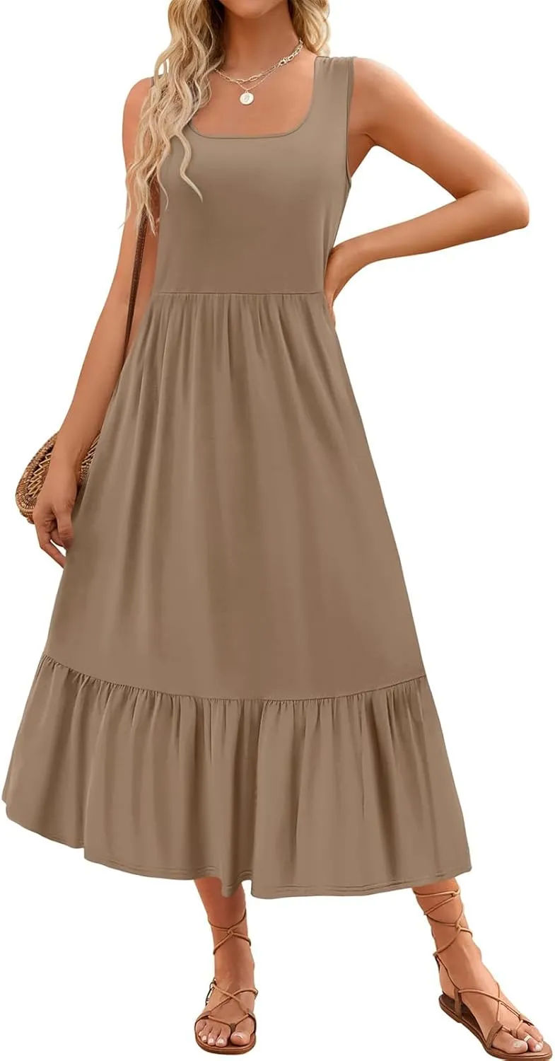 Summer Dresses for Women Sleeveless Long Beach Sundress Square Neck Casual Tiered Long Dress Loose Plain Maxi Sundress