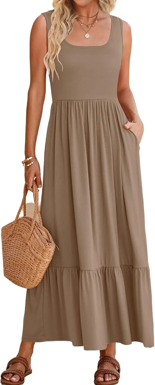 Summer Dresses for Women Sleeveless Long Beach Sundress Square Neck Casual Tiered Long Dress Loose Plain Maxi Sundress