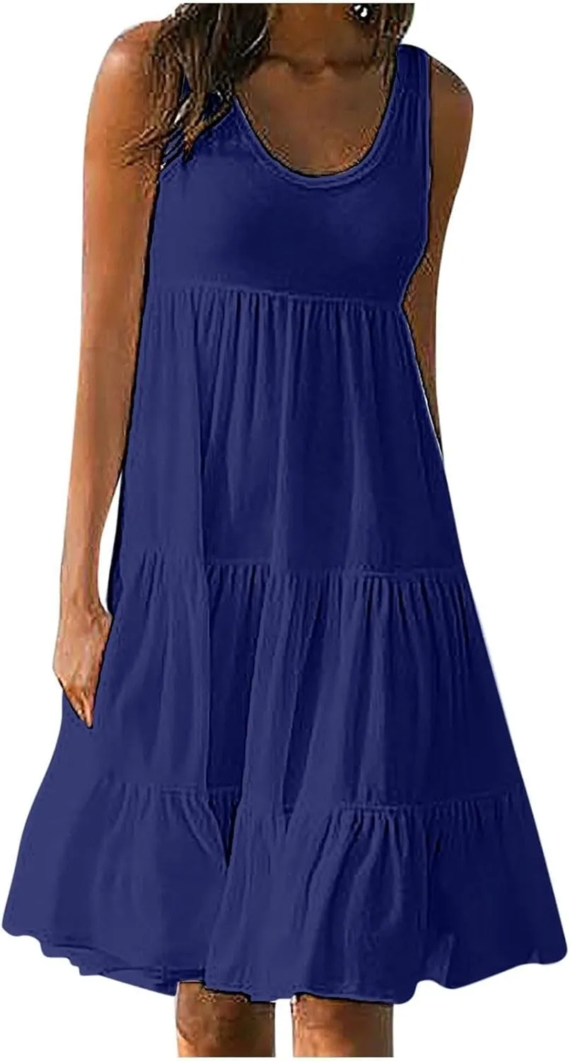 Sundresses for Women 2025 Floral Print Sleeveless Midi Dresses Pleated Round Neck Sundresses Loose Beach Dress