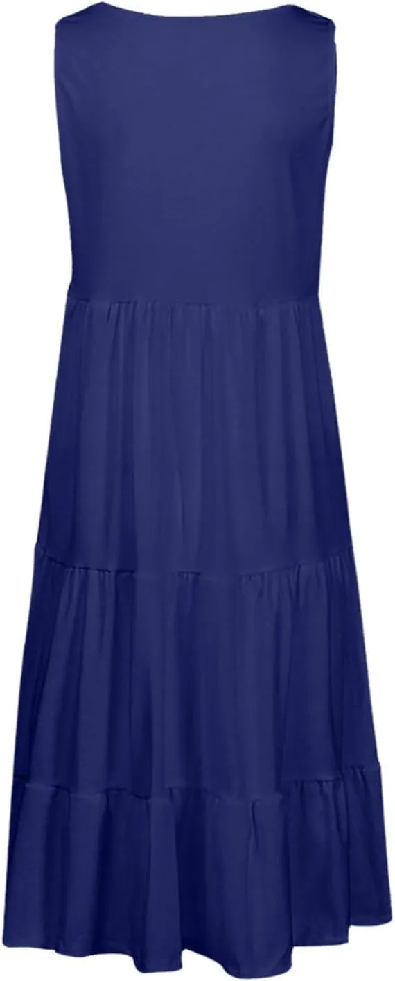 Sundresses for Women 2025 Floral Print Sleeveless Midi Dresses Pleated Round Neck Sundresses Loose Beach Dress