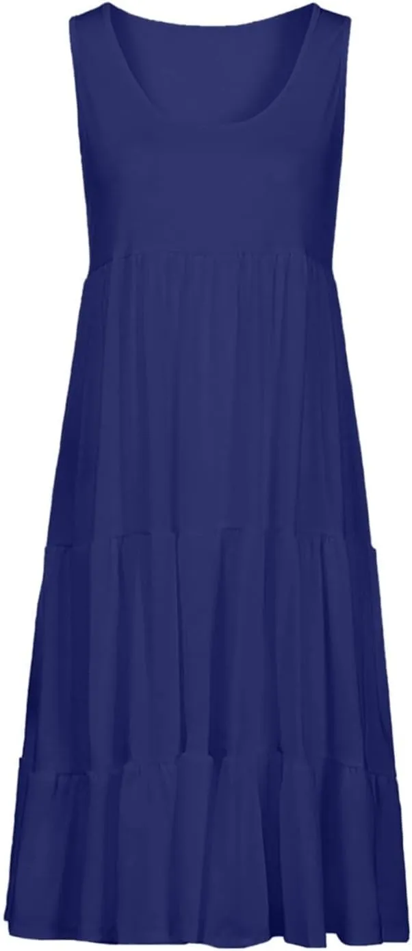 Sundresses for Women 2025 Floral Print Sleeveless Midi Dresses Pleated Round Neck Sundresses Loose Beach Dress