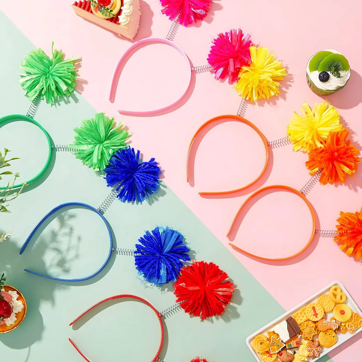 Tigeen Headband Head Bopper with Pom Pom (12 Pcs, Mixed Color) - Costume Headwear for Women Adults Accessories, Birthday Party Headwear
