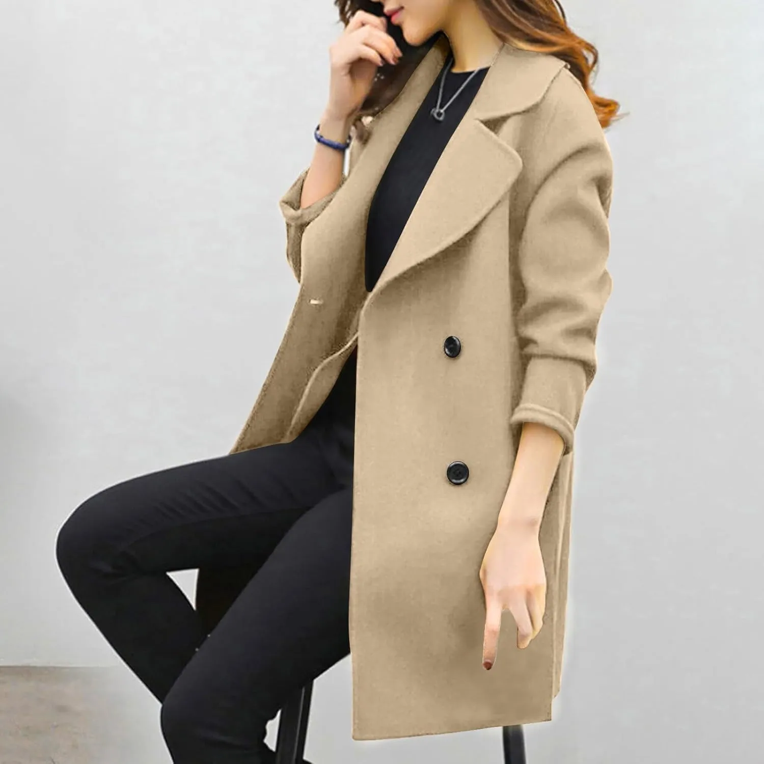 Trench Coat for Women 2024 Winter Warm Wool Blend Pea Coats Lapel Collar Double Breasted Over Coats Long Jackets