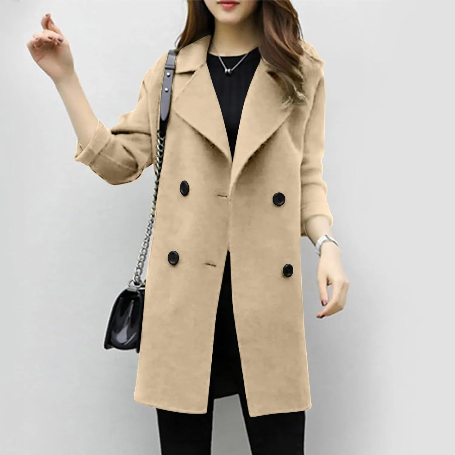 Trench Coat for Women 2024 Winter Warm Wool Blend Pea Coats Lapel Collar Double Breasted Over Coats Long Jackets