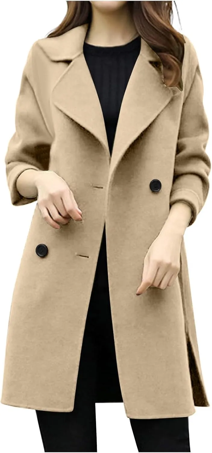 Trench Coat for Women 2024 Winter Warm Wool Blend Pea Coats Lapel Collar Double Breasted Over Coats Long Jackets