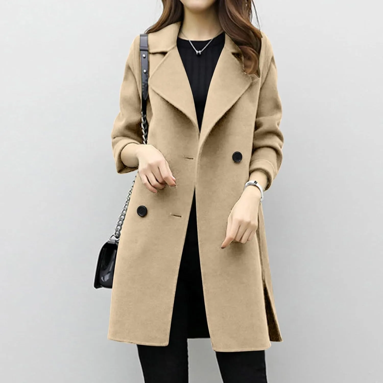 Trench Coat for Women 2024 Winter Warm Wool Blend Pea Coats Lapel Collar Double Breasted Over Coats Long Jackets