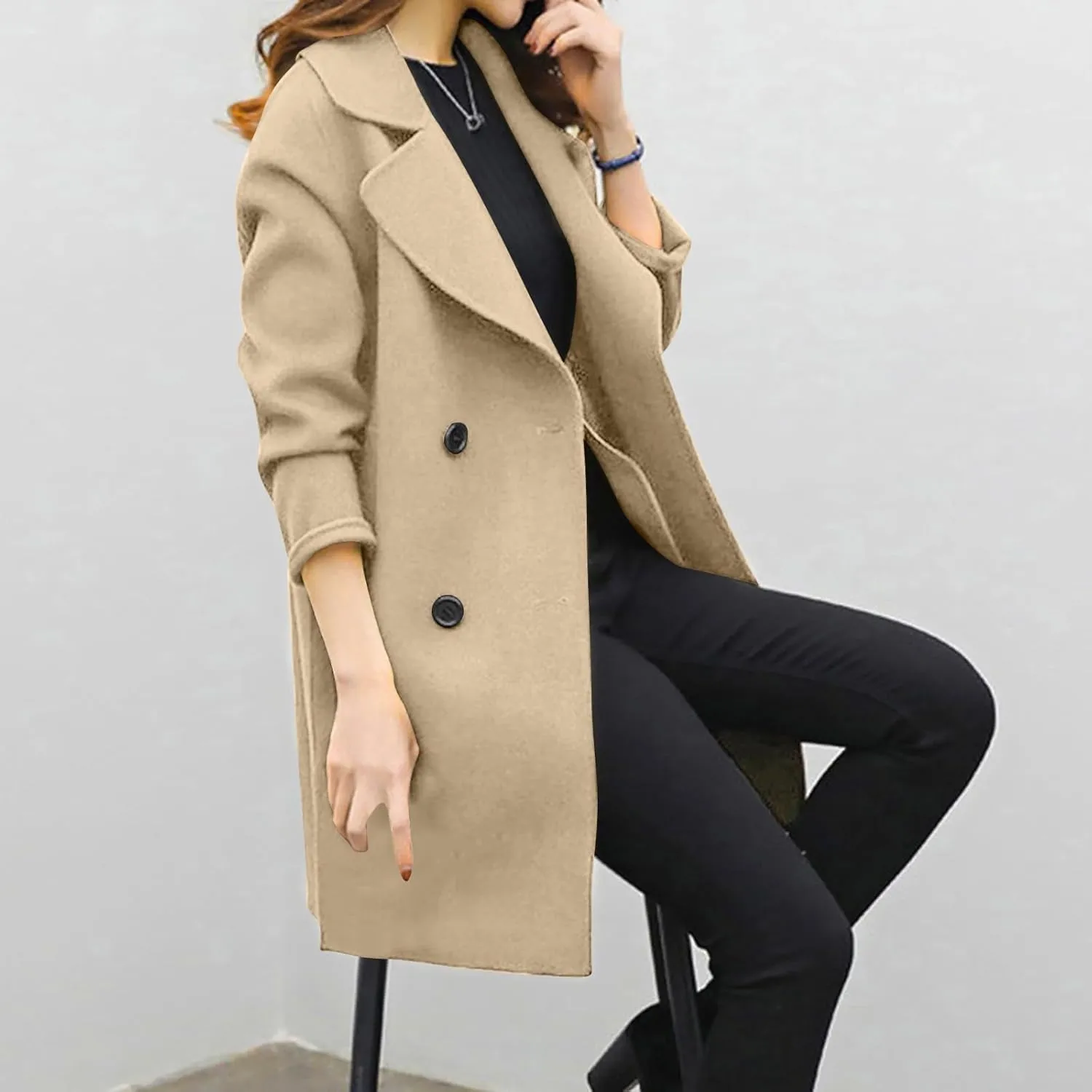 Trench Coat for Women 2024 Winter Warm Wool Blend Pea Coats Lapel Collar Double Breasted Over Coats Long Jackets