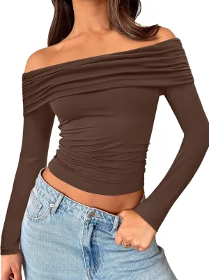 Trendy Queen Women Long Sleeve Shirts Off Shoulder Tops Going Out Crop Sexy Slim Fitted Y2K Fall Outfits 2025 Fashion Clothes