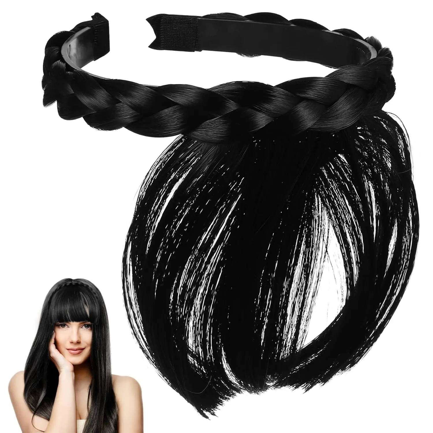 Uonlytech Hairband, Fake Bangs Braid Headband with Front Hair Bangs Wigs Headband, Adjustable Women Girls Headbands, Black (1 Count Pack of 1)
