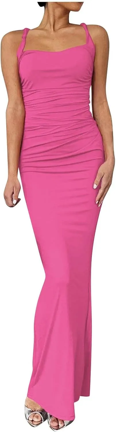 Vacation Dresses for Women 2025 Elegant Sleeveless Bodycon Corset Maxi Dress Spaghetti Strap Ruched Long Sundress