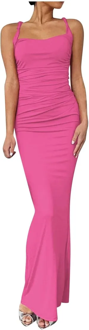 Vacation Dresses for Women 2025 Elegant Sleeveless Bodycon Corset Maxi Dress Spaghetti Strap Ruched Long Sundress