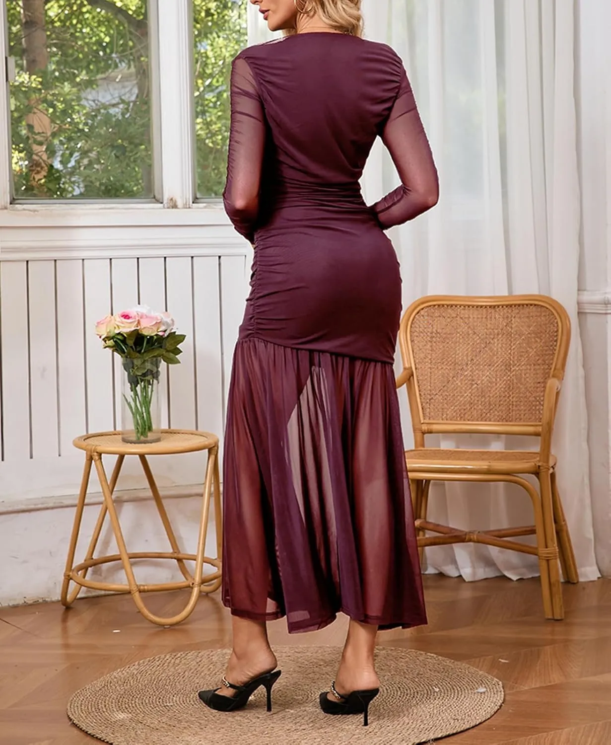 Women Elegant Formal Long Sleeve Crewneck Ruched Bodycon Evening Wedding Guest Cocktail Party Maxi Dress