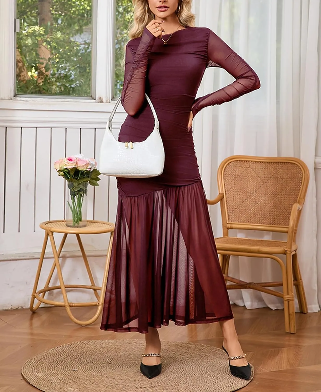 Women Elegant Formal Long Sleeve Crewneck Ruched Bodycon Evening Wedding Guest Cocktail Party Maxi Dress