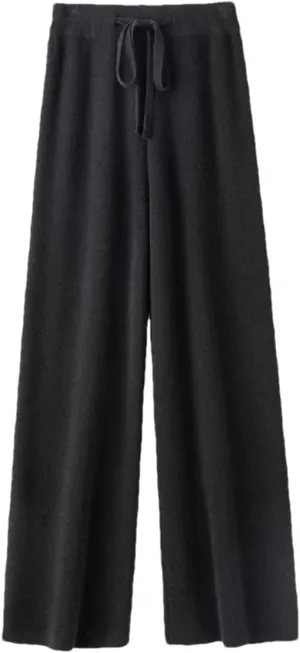 Women High Waist Solid Wide-Leg Long Pants Vintage Wool Soft Warm Lace Up Trousers