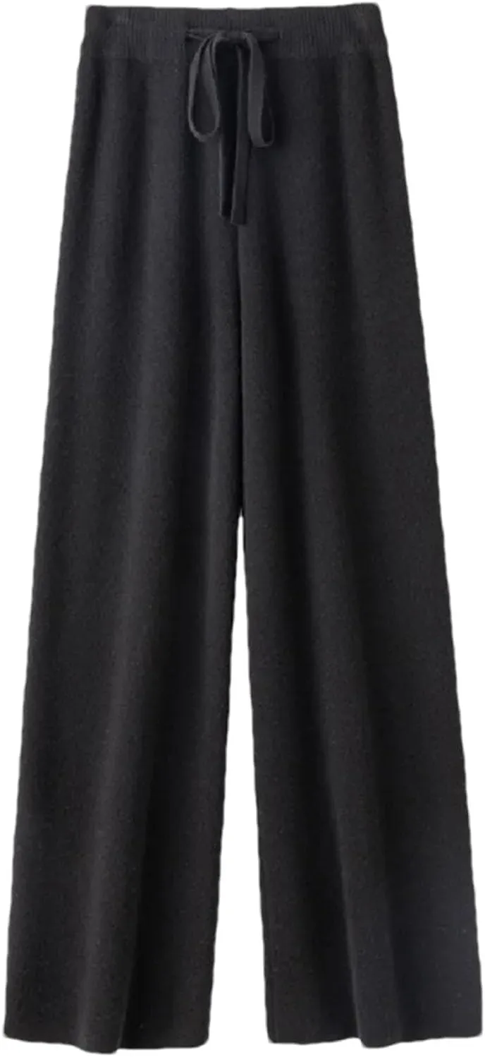 Women High Waist Solid Wide-Leg Long Pants Vintage Wool Soft Warm Lace Up Trousers
