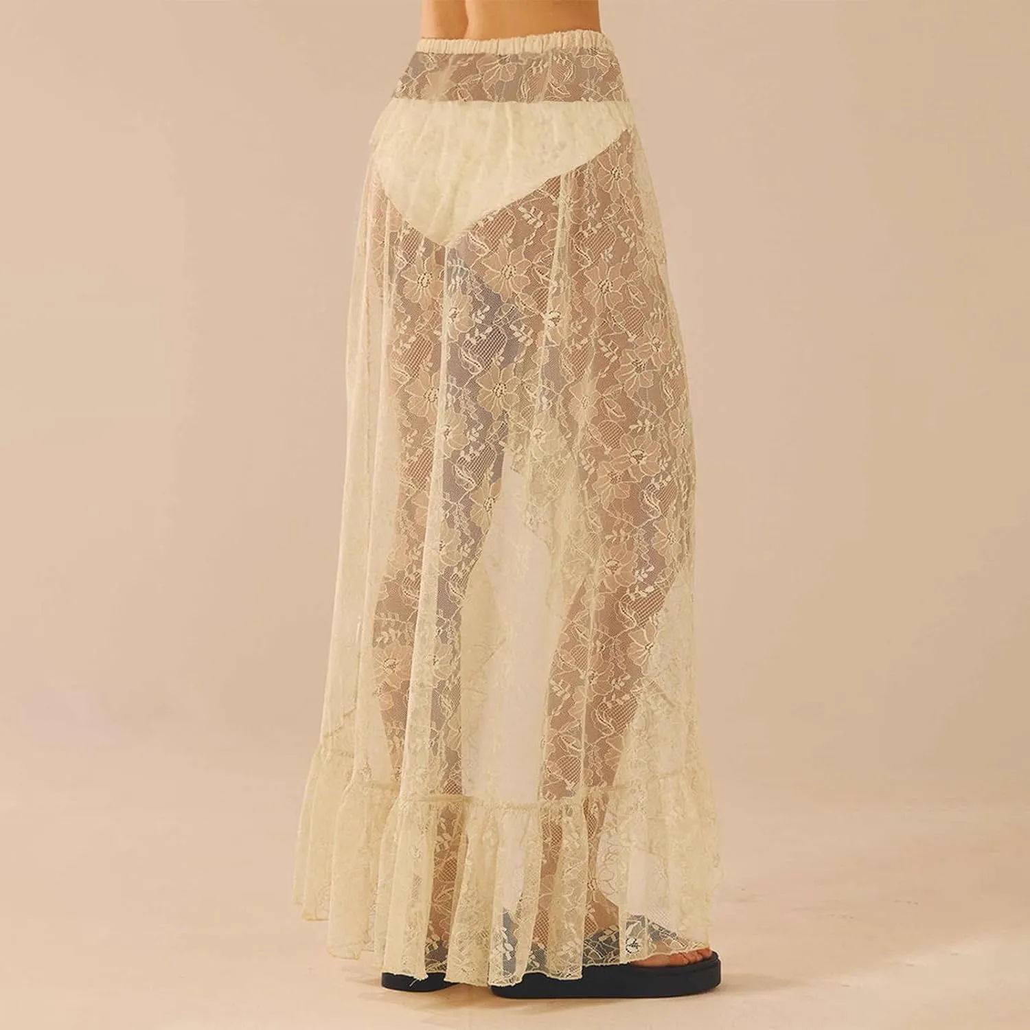 Women Lace Long Skirt Satin High Waist A-line Midi Skirt Y2K Summer Elegant Beach Party Maxi Skirts