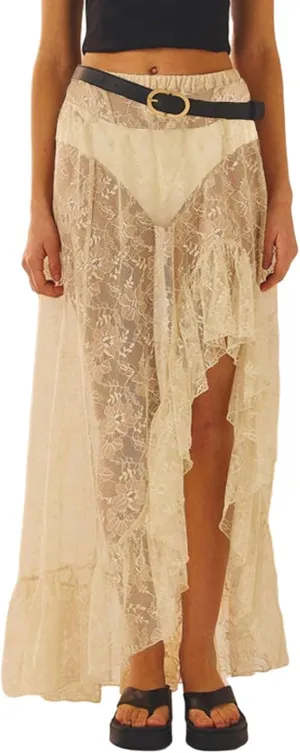 Women Lace Long Skirt Satin High Waist A-line Midi Skirt Y2K Summer Elegant Beach Party Maxi Skirts