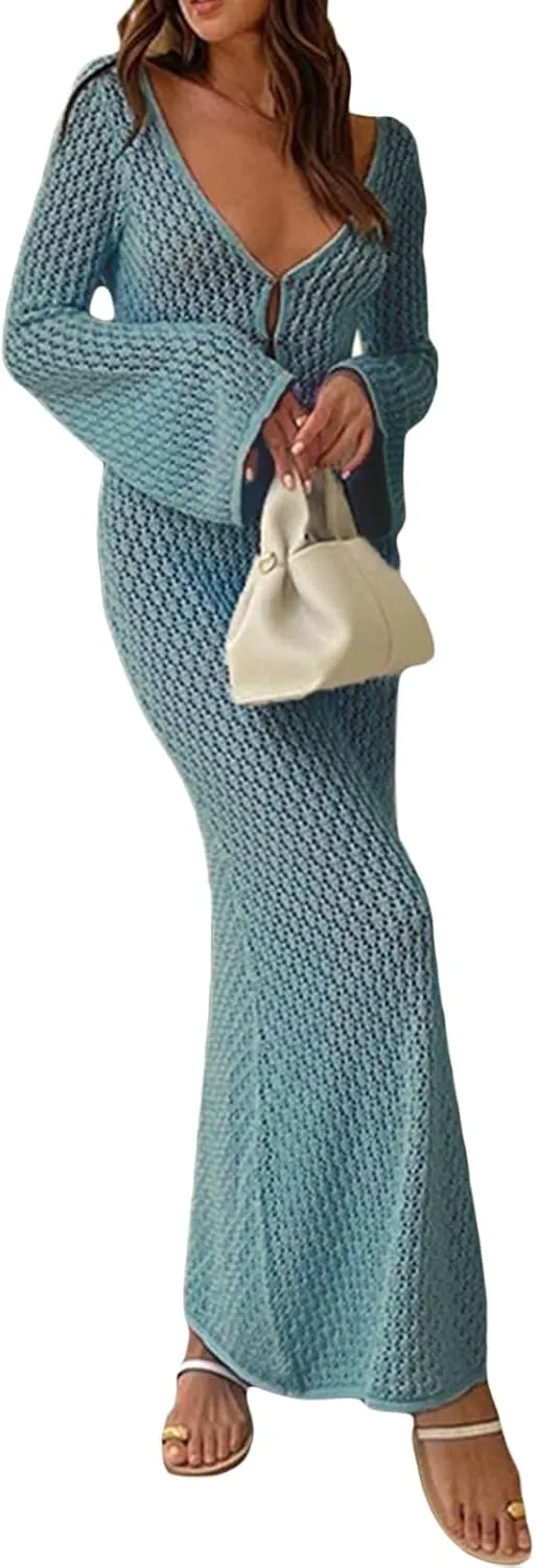 Women See Through Knit Long Dress Long Sleeve Crochet Maxi Bodycon Dress Backless Beach Bikini Cover Up Dresses