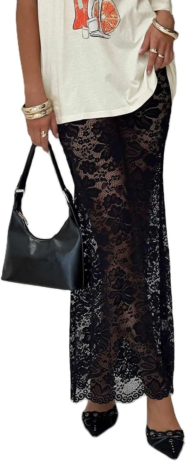 Women Sexy Lace Long Skirt Sheer Mesh Bodycon Maxi Skirts Elegant Summer Beach Coverups