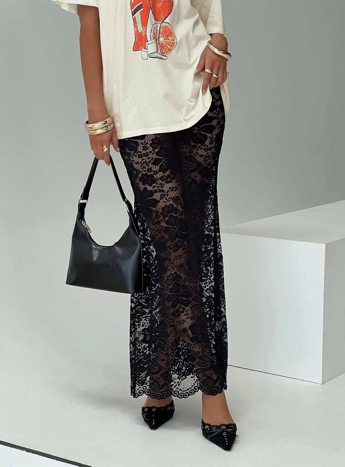 Women Sexy Lace Long Skirt Sheer Mesh Bodycon Maxi Skirts Elegant Summer Beach Coverups
