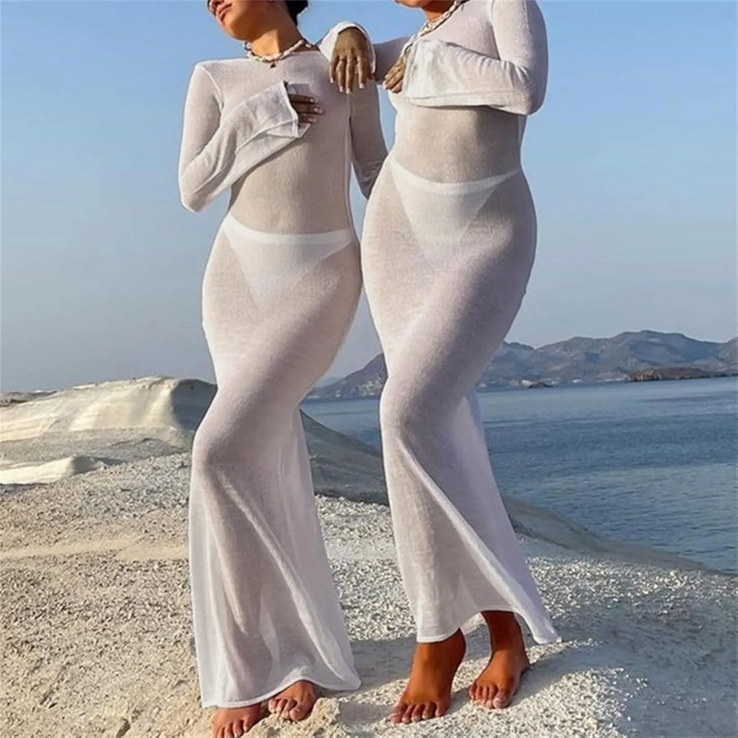 Women Y2k See Through Sheer Mesh Maxi Dress Vintage High Split Bikini Cover Up Dress Aesthetic Bathing Long Dress
