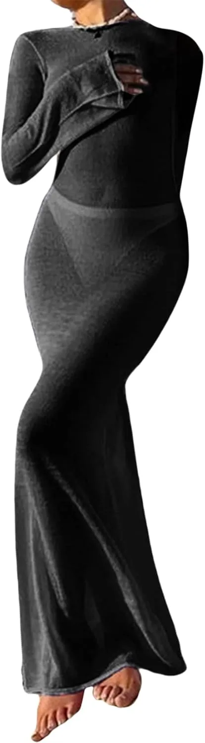 Women Y2k See Through Sheer Mesh Maxi Dress Vintage High Split Bikini Cover Up Dress Aesthetic Bathing Long Dress