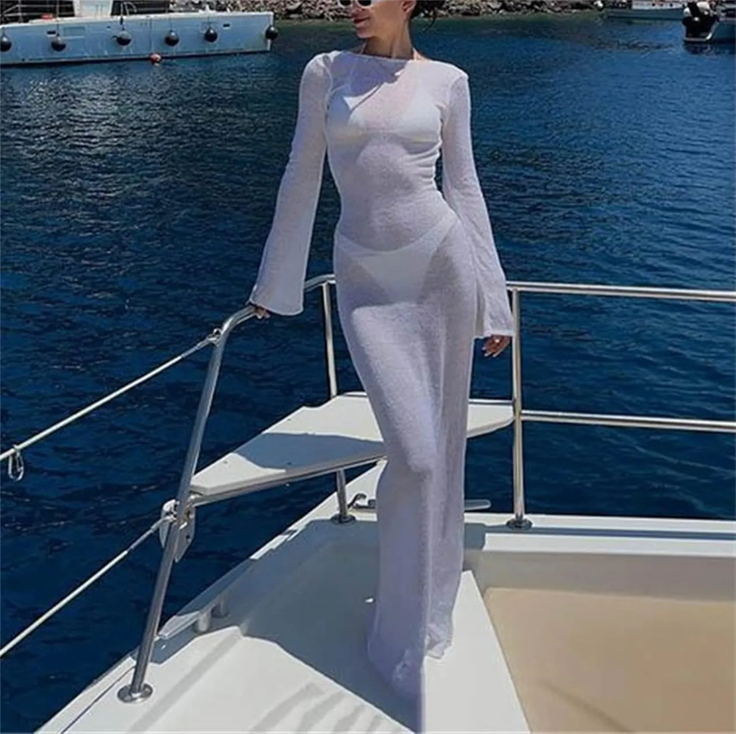 Women Y2k See Through Sheer Mesh Maxi Dress Vintage High Split Bikini Cover Up Dress Aesthetic Bathing Long Dress