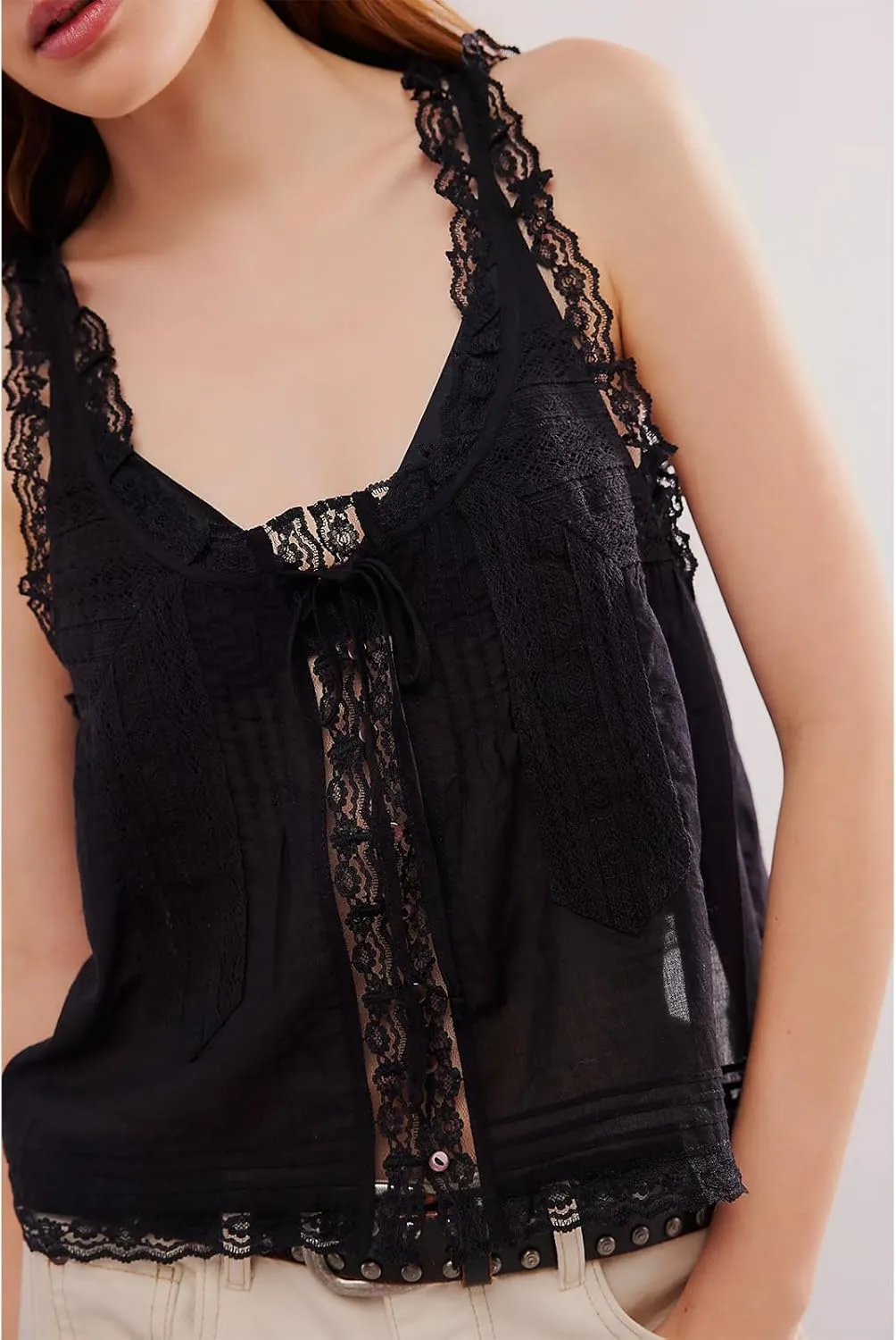 Women Y2k Tank Tops Lace Trim Sleeveless Sheer See Through Lace Up Button Cami Shirt Going Out Tops Vest