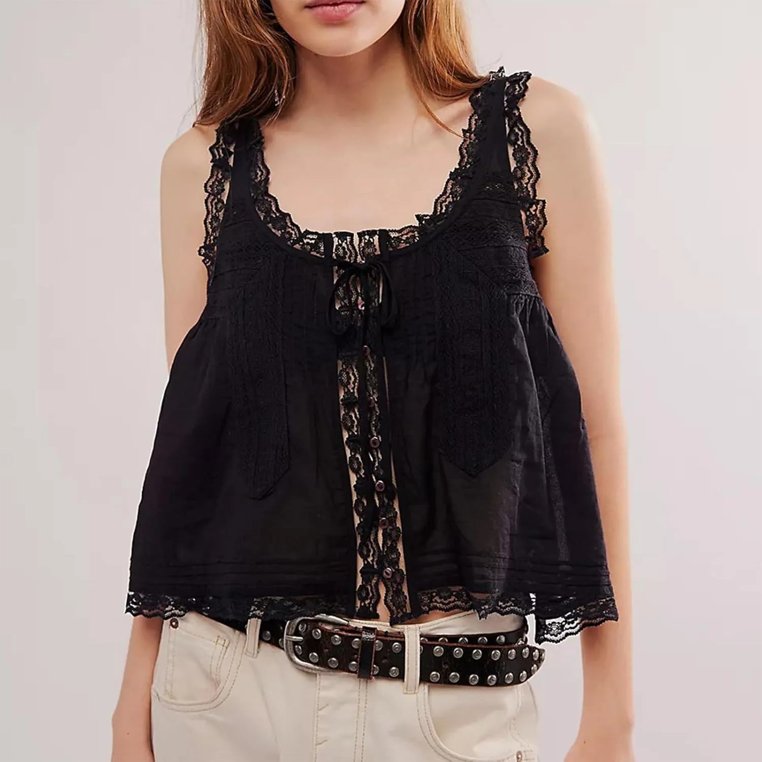 Women Y2k Tank Tops Lace Trim Sleeveless Sheer See Through Lace Up Button Cami Shirt Going Out Tops Vest