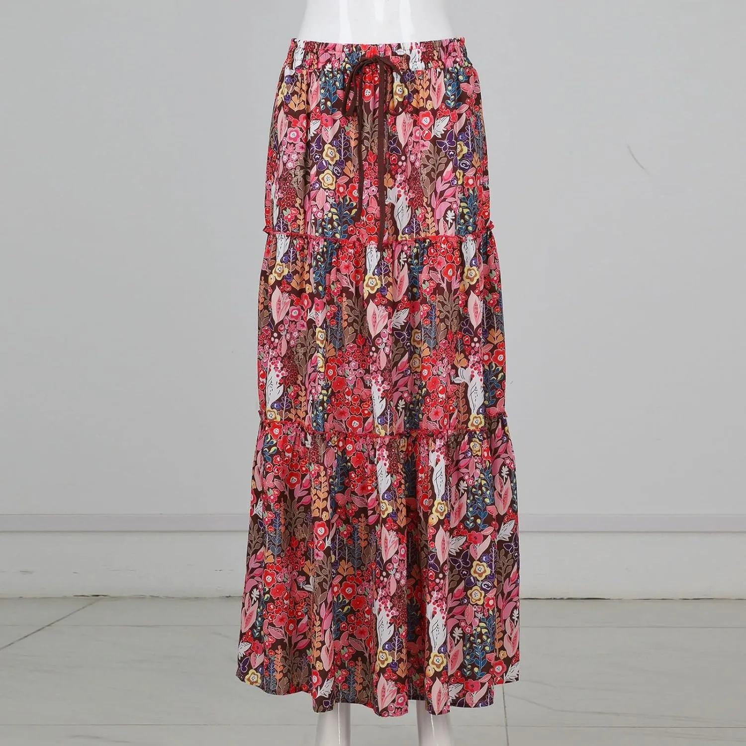 Womens Boho Tiered High Waist Tie Paisley Floral Print Long Maxi Skirt with Pockets