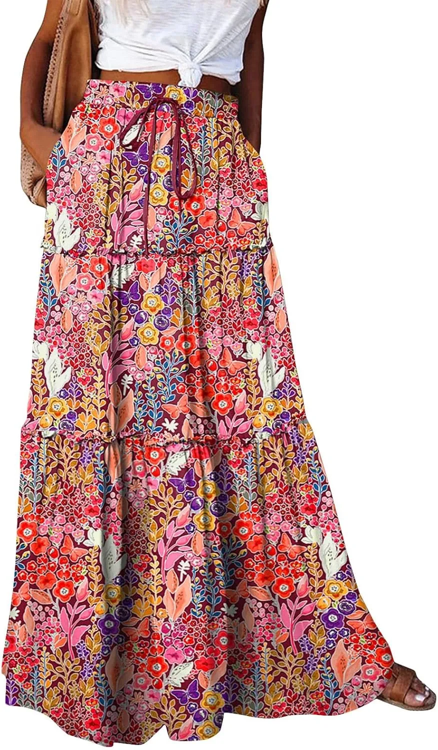 Womens Boho Tiered High Waist Tie Paisley Floral Print Long Maxi Skirt with Pockets