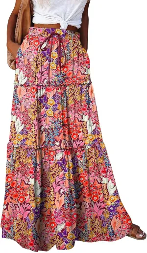 Womens Boho Tiered High Waist Tie Paisley Floral Print Long Maxi Skirt with Pockets