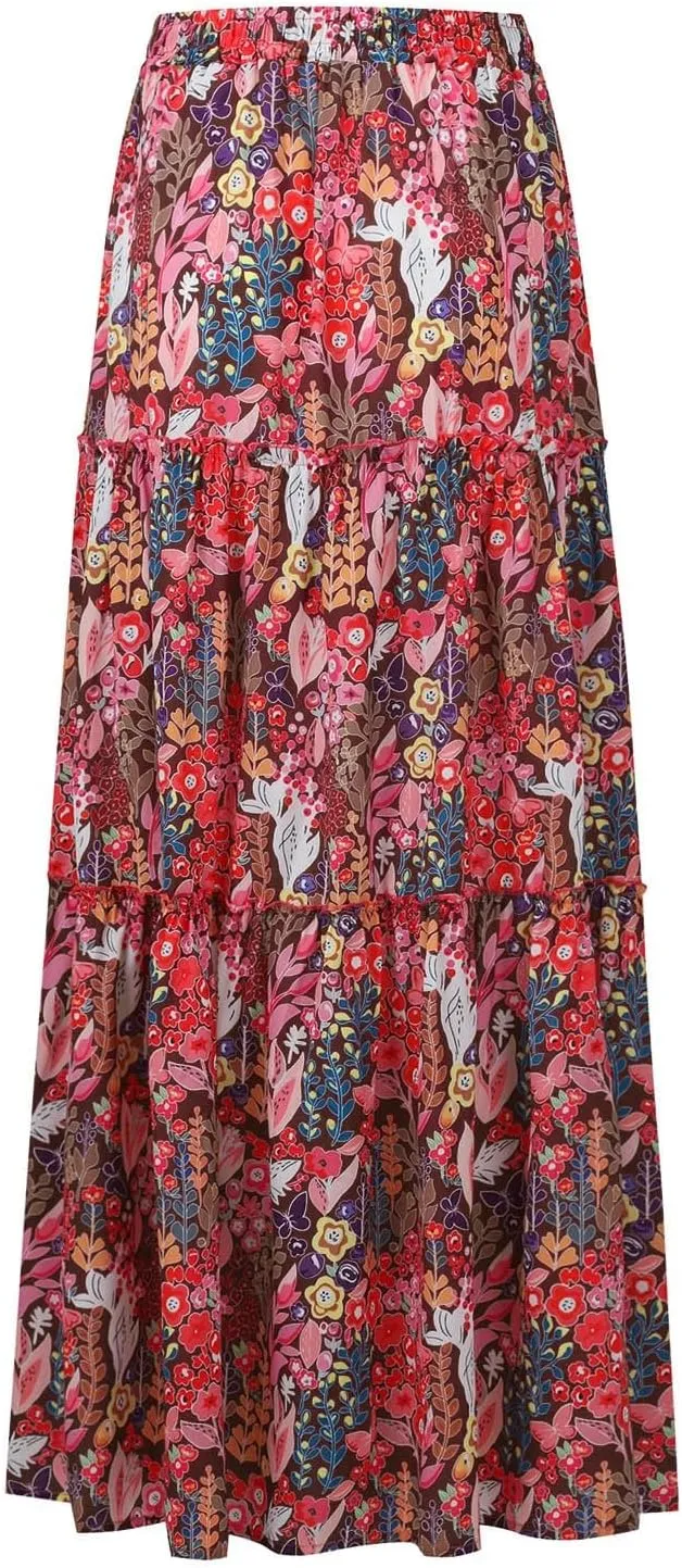 Womens Boho Tiered High Waist Tie Paisley Floral Print Long Maxi Skirt with Pockets
