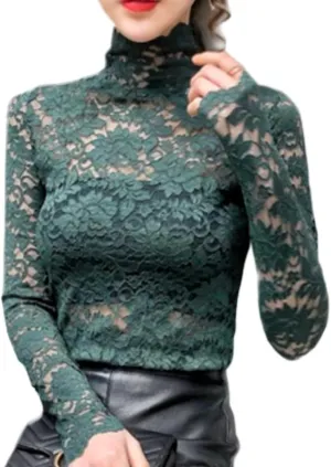 Women's Floral Lace Top Long Sleeve Mock See Through Mesh Underwear Blouse Shirt S-L