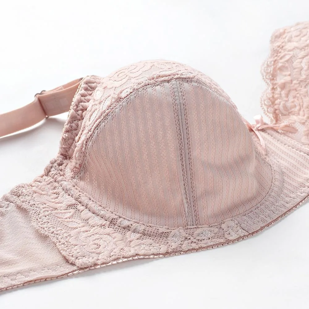 Women's Non Padded Lace Brassiere Sheer Underwire Plus Size Stripe Ultra-thin Bras Large Underwear
