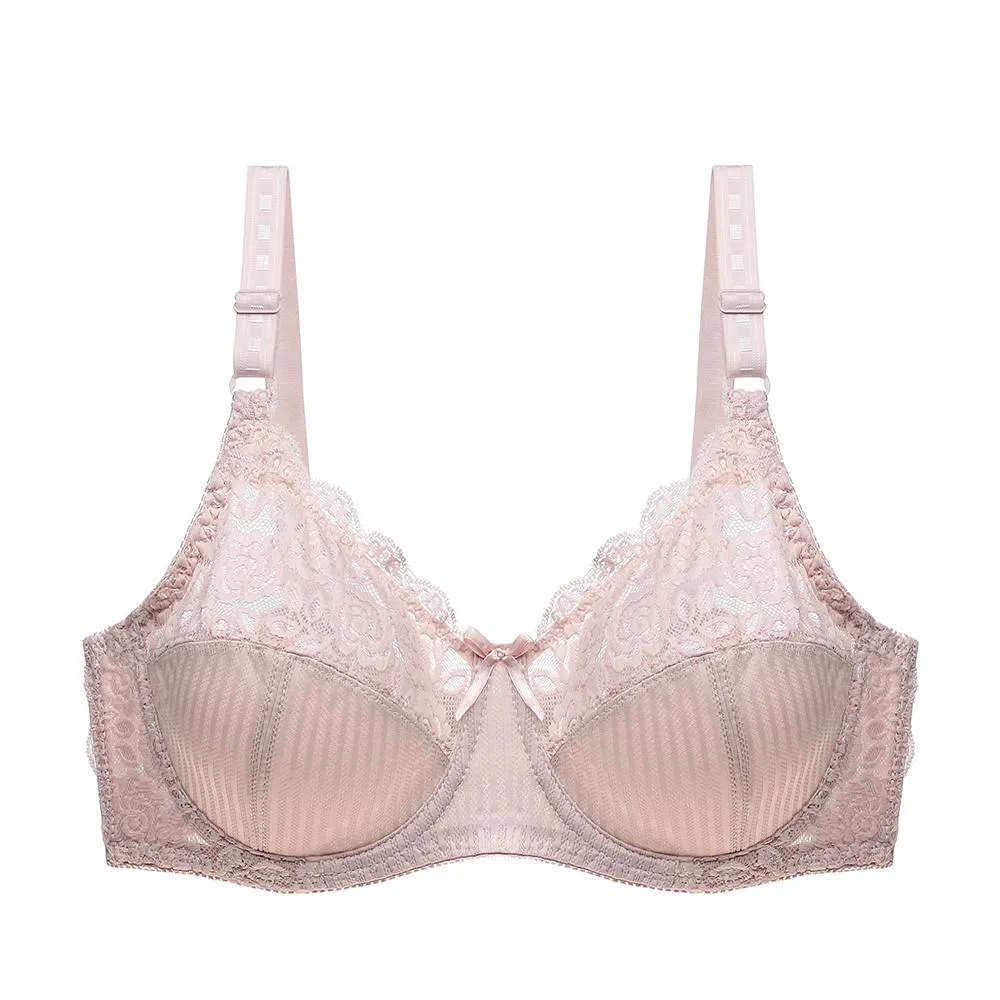 Women's Non Padded Lace Brassiere Sheer Underwire Plus Size Stripe Ultra-thin Bras Large Underwear