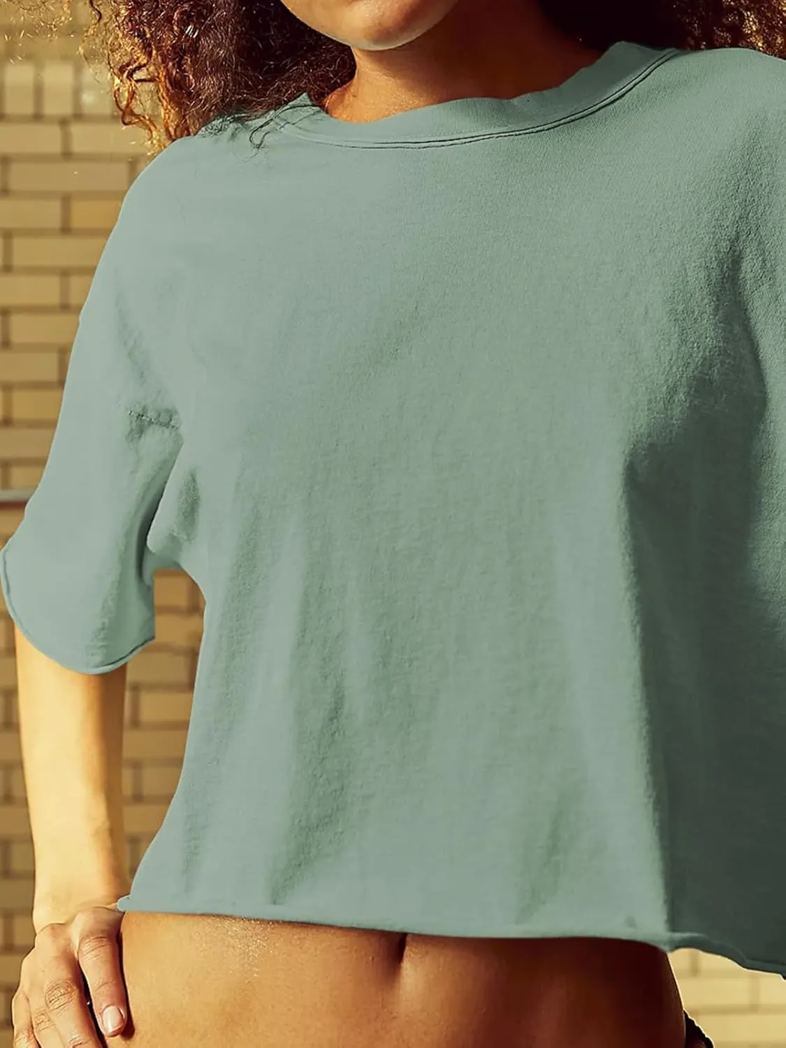 Women's Oversize Workout Crop Tops Short Sleeve Crewneck Drop Shoulder Boxy T Shirts Summer Casual Solid Basic Tees