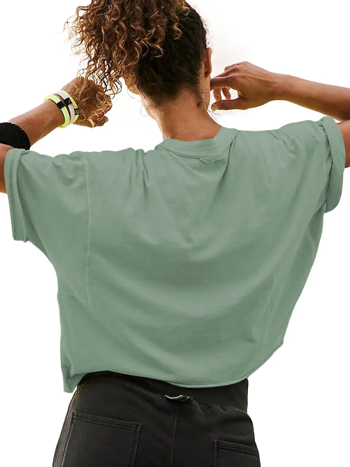 Women's Oversize Workout Crop Tops Short Sleeve Crewneck Drop Shoulder Boxy T Shirts Summer Casual Solid Basic Tees